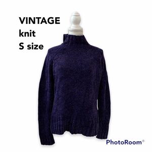 ヴィンテージ　ニット　セーター　ハイネック　パープルカラー　ネップセーター　Sサイズ　　紫色　古着