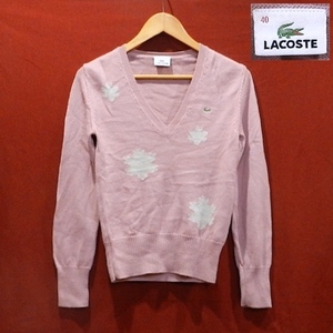 LACOSTE ラコステ ロゴ 花 桜系 Vネック 薄手 ウール ニット ピンク 40 / S 〜 M 美品