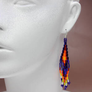 ネイティブ柄 竹ビーズ フリンジ ピアス 紺 紫 ネイビー【新品 未使用】インディアン ジュエリー アクセサリー USA ネイティブアメリカン