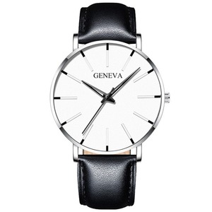 【超お買い得価格】GENEVE メンズ ブラックレザー 超薄型 ステンレススチールウォッチ クォーツ腕時計 メッシュ シンプル ビジネス URA999