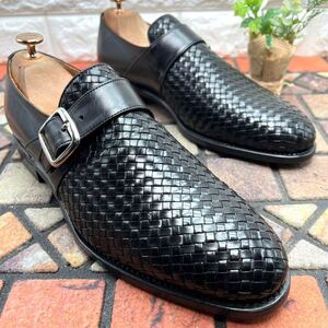 【貴重】Berwick製 Hawkins バーウィック ホーキンス スペイン製 ビジネスシューズ 革靴 7 1/2 26cm モンクストラップ 編み込み 黒