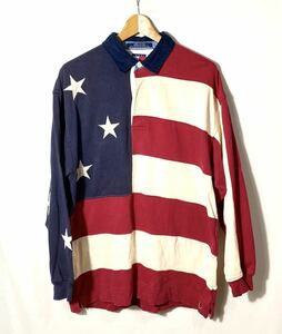 ■ビンテージ TOMMY HILFIGER トミーヒルフィガー 星条旗 切り替えし 長袖ラガーシャツ 古着 アメカジ アメリカ国旗 サイズM■