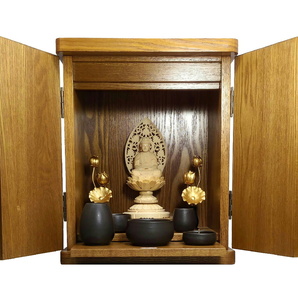 厨子型仏壇 『御室』 ＋YASURAGI（五具足）＋仏像（座釈迦如来）＋華瓶付ミニ常花セット