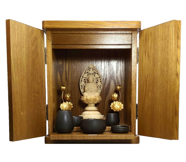 厨子型仏壇 『御室』 +YASURAGI(五具足)+仏像(座釈迦如来)+華瓶付ミニ常花セット