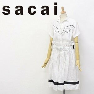 ◆sacai/サカイ 3690 ウエストベルト ウエスタン シャツ ギャザー プリーツ スカート ドッキング ワンピース オフホワイト系