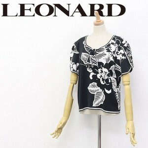◆LEONARD/レオナール ティアドロップ 総柄 コットン 半袖 カットソー トップス ブラック×ホワイト L