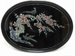 * Korea miscellaneous goods * mother-of-pearl skill * lacquer coating folding type . serving tray * ellipse * plum. tree *