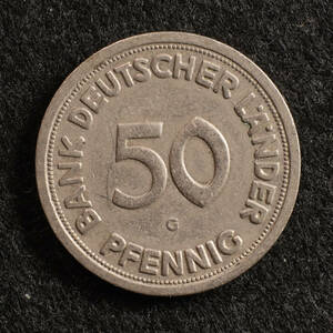 KM#104/西ドイツコイン 50ペニヒ 白銅貨（1949G）カールスルーエ製造[E527]
