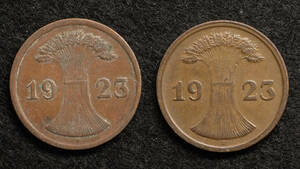 KM#31/ドイツワイマール共和国 2レンテンペニヒ銅貨（1923）ミントマーク2種セット！[E576]コイン