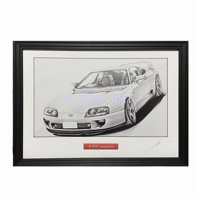 Toyota Toyota Supra A80 [Pencil drawing] Famous car Old car illustration A4 size Framed Signed, artwork, painting, pencil drawing, charcoal drawing