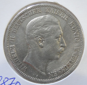ドイツ プロイセン 5マルク 銀貨 1893年 A ヴィルヘルム2世 美品! アンティーク 古銭 希少品