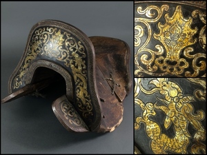  era harness wooden saddle engraving . dragon China horse saddle armor objet d'art era decoration Joseon Dynasty . morning 