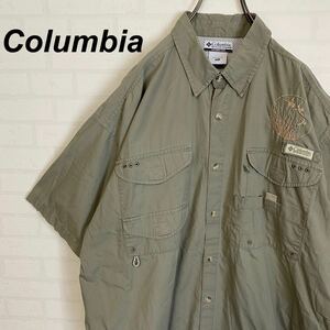 90s Columbia コロンビア PFG フィッシングシャツ 大きめサイズ カーキ 刺繍入り 古着