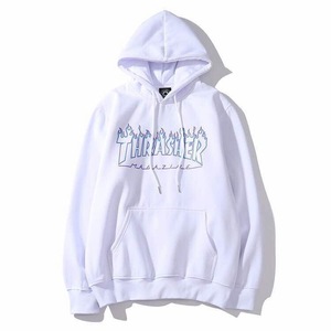 pk-THRASHER-Wt/Wt-M スラッシャー THRASHER マガジン フレイム ロゴ スウェット パーカー フード プルオーバー アウター ホワイト