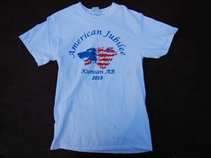 T-shits Tシャツ AZno.82 PORT COMPANY S/P/CH 白 AMERICA JUBILEE KUNSAN AB 2019 シミあり 上着 古着　used ティーシャツ　