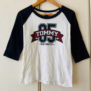 C9061cL 日本製《TOMY トミー》サイズM 七分袖Tシャツ ラグランTシャツ ホワイト×ネイビー レディース トミーヒルフィガー カジュアル
