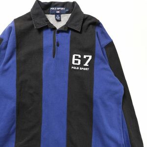 90's ラルフローレン ポロスポーツ ストライプ ラガーシャツ 黒×青系 (M) ヘビーウェイト ラグビー 90年代 旧タグ オールド POLOSPORT