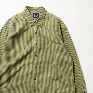 90's ギャップ GAP ストライプ コットン ボタンダウン シャツ (M) 黄緑×灰系 オックスフォード 90年代 旧タグ オールド 青タグ