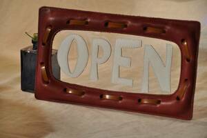 OPEN opening. signboard .. red leather leather. signboard store articles Cafe bread shop opening festival .