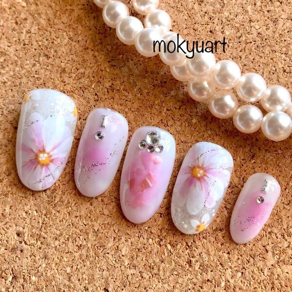 mokyuart 35* フラワー ネイルチップ お花ネイル フラワーネイル ピンクネイル 春ネイル 卒業式 ジェルネイル