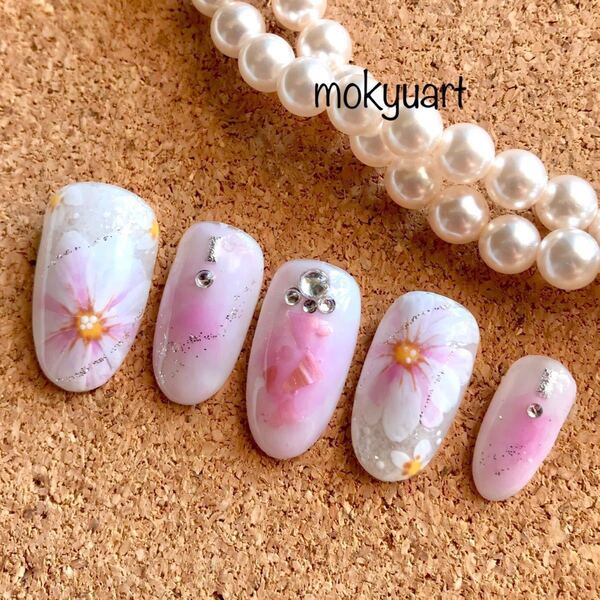 mokyuart 35＊ フラワー　ネイルチップ　お花ネイル　フラワーネイル　ピンクネイル　春ネイル　卒業式　ジェルネイル 