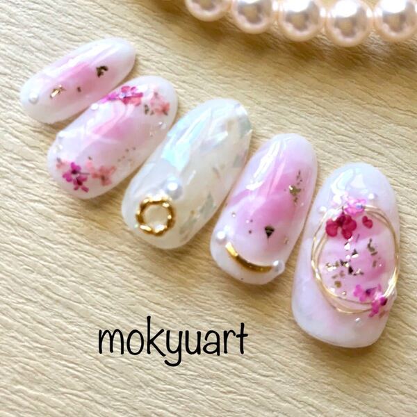 mokyuart13*押し花 ワイヤー シェル ネイルチップ ピンクブライダル
