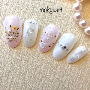 mokyuart43*押し花 ネイルチップ 白花 ブライダル 卒業式 フラワー