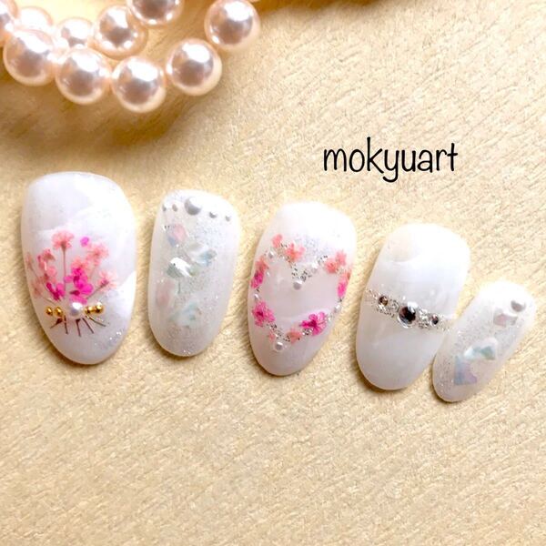 mokyuart39*押し花 ネイルチップ ピンク 春ネイル ブライダル