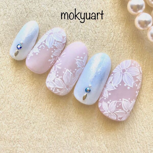 mokyuart24*レースフラワー ネイルチップ ブライダル ピンク