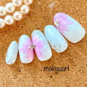 mokyuart18*シフォンフラワー ネイルチップ ピンク たらしこみ