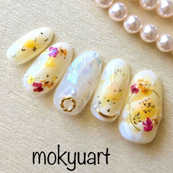mokyuart12*押し花 ワイヤー シェル ネイルチップ イエローブライダル