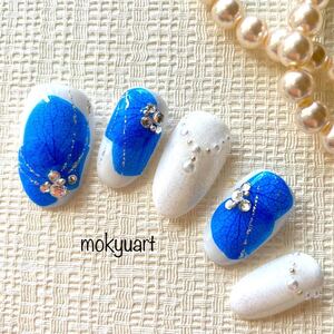 mokyuart79* 押し花 ネイルチップ フラワーネイル ブライダル 青 ブルーネイル サムシングブルー