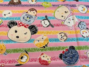 ツムツムはぎれ生地 110×50cm オックス★ピンク系ボーダーにクレヨン描きのような絵柄がかわいい♪ディズニー