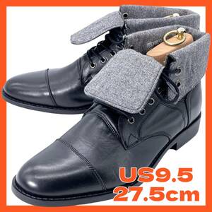 【即決】stefanorossi 27.5cm ステファノロッシ US9.5 メンズ ストレートチップ ロールトップブーツ ブラック 本革レザー SR03051