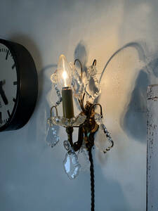 フランス 1940-60s 1灯 シャンデリア キャンドル 蝋燭 ガラス ブラケット ソケット ライト ランプ 壁掛け 照明 布コード アンティーク 2