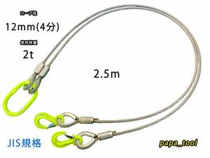 JIS規格　2点吊　12mm(4分)×2.5m　使用荷重:2t　マーテック　ワイヤーロープ　玉掛　クレーン　ロック　カシメ　鉛止め　スリング