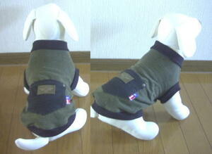 犬服AB28■DSサイズ■ダックスS等小型犬用カーキ色ビンテージ風Tシャツ＊黒リブ古着調ハンドメイド