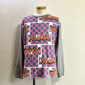 XLARGE エクストララージ 長袖 クルーネック プリントTシャツ M グレー×ピンク×オレンジ マルチカラー 水玉 ロンT 綿100％ ロゴ 古着