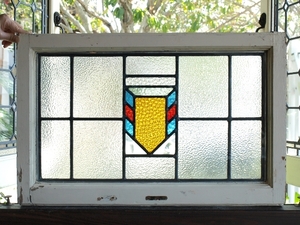 ■アンティークステンドグラス12328 紋章柄 シンプル 装飾 英国 イギリス 窓 ドア 建具 欄間 内装に ■送料無料