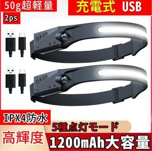 ヘッドライト 充電式 USB 5種点灯50g超軽量 高輝度 IPX4防水2ps