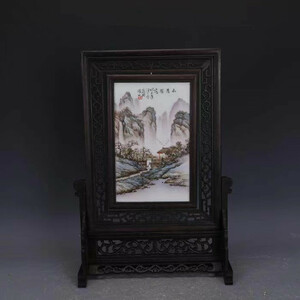 ◆旧蔵◆古美術 清代　唐木　粉彩　山水楼閣瓷板画插屏　時代物 T15