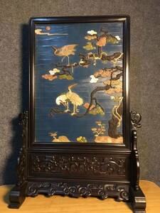 ◆旧蔵◆　古美術 中国古玩　清代　小叶紫檀木框漆器嵌松鶴紋插屏　時代物AT17
