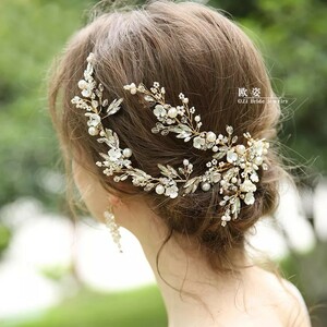 結婚式 ヘッドドレス ヘアアクセサリー レースフラワー ビジュー 髪飾り　ウエディング　フォトウエディング　小物　ゴールド