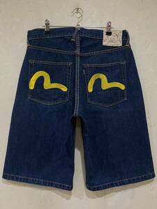 ※EVISU 戎 エヴィス エビス LOT 2001 イエローペイント ショート ハーフ デニムパンツ 濃紺 34 　　　　　 BJBB.D