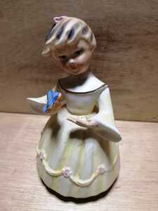 陶器人形オルゴール　1960年代　日本　輸出用　青い鳥と少女　[HAPPY BIRTHDAY TO YOU]　作動確認　オルゴール　49TK46n1