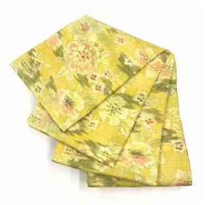  美品　上質　正絹　半幅帯　紬　草花模様　黄色系　全通　長尺410センチ