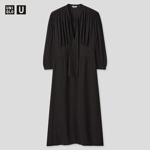 【ブラック・M・新品】ユニクロ×ルメール■Uniqlo U ユニクロユー ビスコースボウタイワンピース（7分袖）レーヨン　リボン　黒