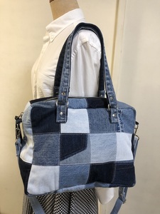 デニムリメイクバッグ ハンドメイド オリジナル ショルダー2wayバッグ ボストン パッチワーク リメイク 市松 スクエアー 中