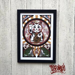 Art hand Auction Okyu Good Luck Illustration Maneki Neko Money Frog A4 Size Black Frame Art Frame Good Luck, Handmade items, interior, miscellaneous goods, ornament, object