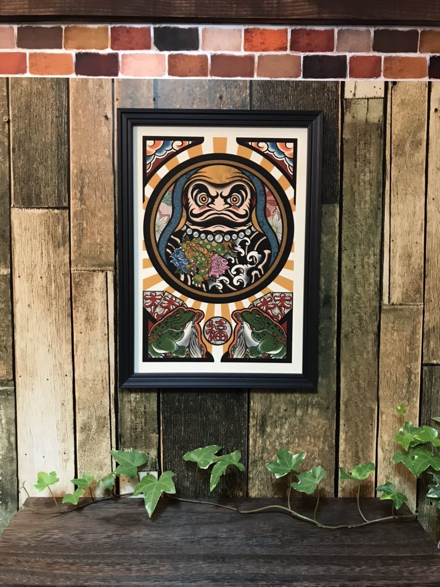 Lucky charms, tattoos, illustrations, Daruma, lion, peony, A4 size, black frame, Handmade items, interior, miscellaneous goods, ornament, object